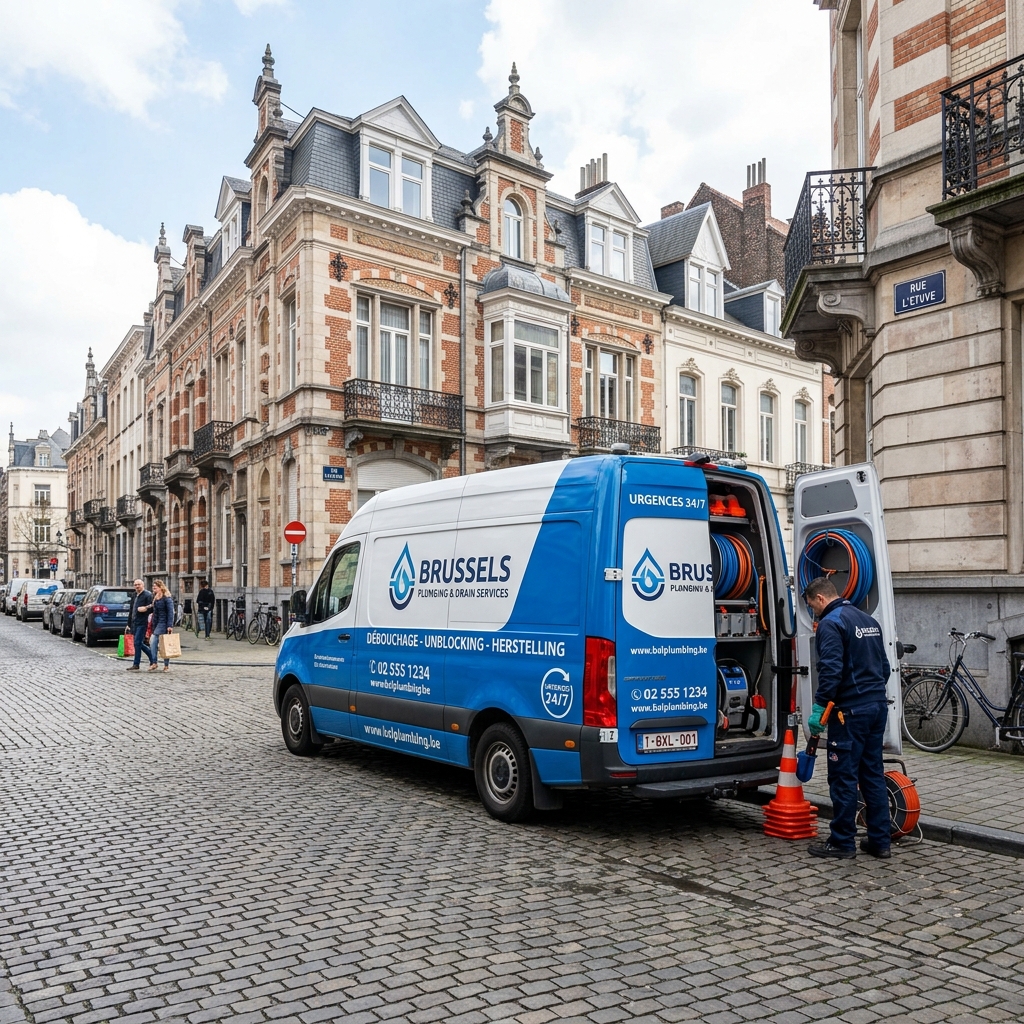 Camion de débouchage Aquavlot dans une rue de Bruxelles